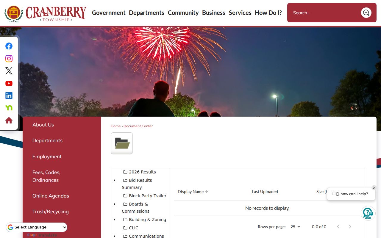 Cranberry Township municipal document and records interface for criminal history requests