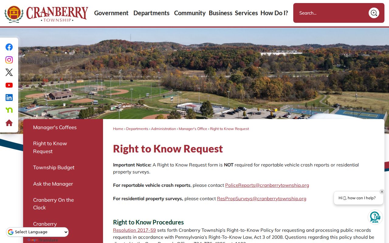 Cranberry Township Right-to-Know request route for police and municipal records